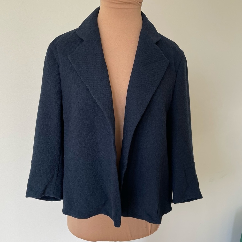 A-Kris Blue 100% Wool Open Front 3/4 Sleeve Blazer Jacket Euc Size Us 4 D 34